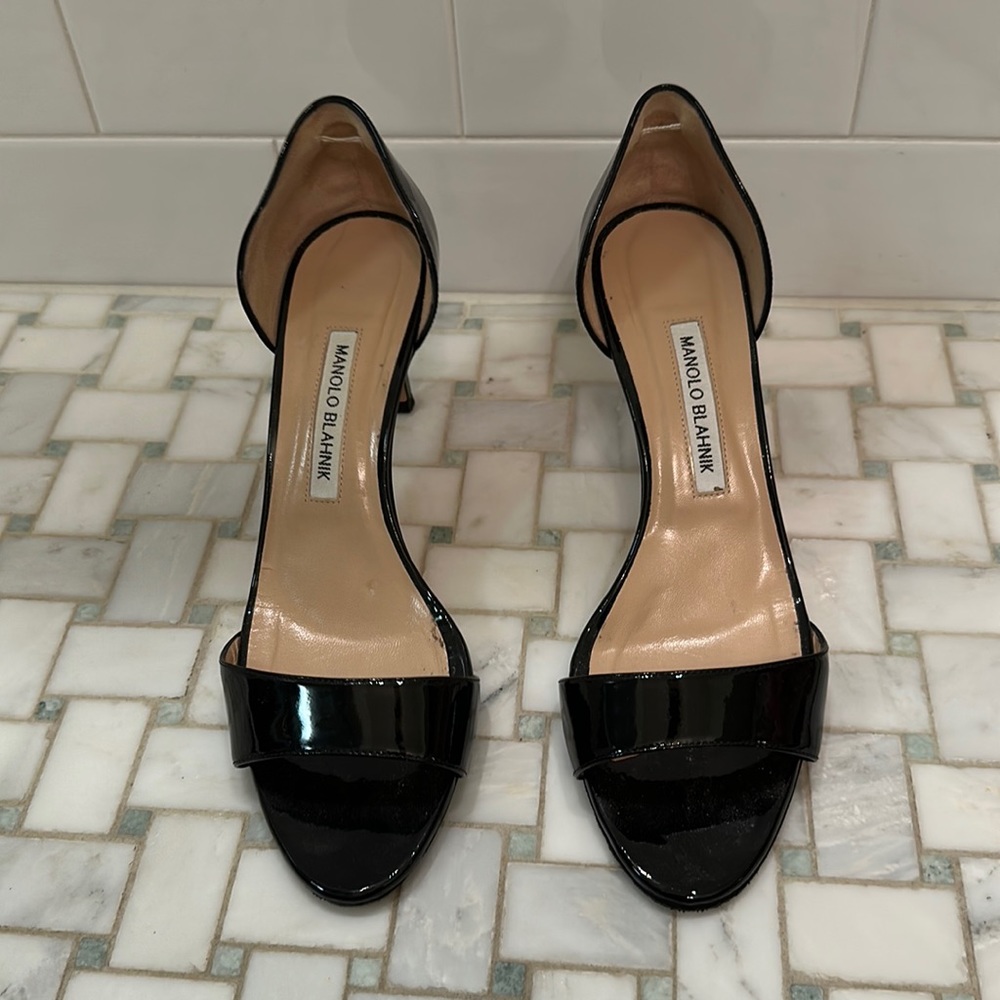 Manolo Blahnik Black Patent Leather Open Toe Heels